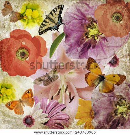 Textured old paper background with beautiful flowers and butterflies. Flower texture abstract background. Nature abstract background