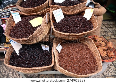 ACRE,ISRAEL - APRIL 05, 2015: East Arab market of old City of Acre (Akko) offers variety assorted coffee beans in bags