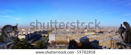 Panoramic of Paris (France) with Gargoyles architectural fragment in foreground, taken from the roof of Cathedral Notre Dame (Stitched Panorama)