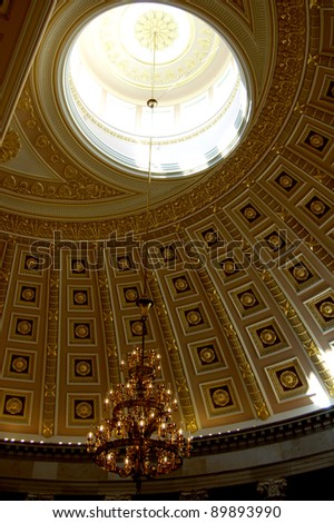 The ceiling and chandelier of the Old Hall of the House (National Statuary Hall) in the U.S. Capitol Building in Washington, D.C.