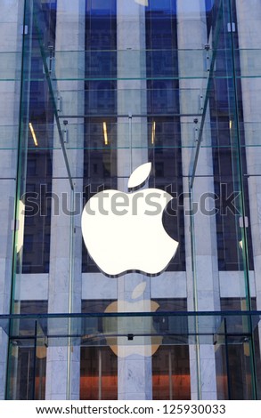 NEW YORK CITY, NY - DEC 30: Apple store logo on December 30, 2011 in New York City. It is the world\'s largest publicly traded company designs and sells consumer electronics and computer products.