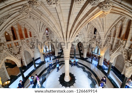 Ottawa, CANADA - SEP 8: Parliament Hill Building interior on September 8, 2012 in Ottawa, Canada. Created with the typical Gothic Revival style, it is the home of the Parliament of Canada.