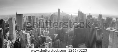 New York City skyline black and white in midtown Manhattan aerial panorama view in the day.