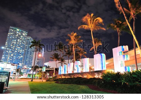 MIAMI, FL - FEB 8: Bayside Marketplace at night on February 8, 2012 in Miami, Florida. It is a festival marketplace and the top entertainment complex in Downtown Miami attracting 15M people annually.