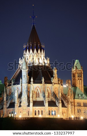 Parliament Hill library at night in Ottawa, Canada