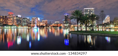 Orlando Lake Eola panorama with office buildings at night