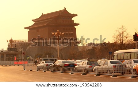 BEIJING, CHINA - APR 6: Beijing street view in the morning on April 6, 2013 in Beijing, China. It is the second largest Chinese city and the nation\'s political, cultural, educational center.