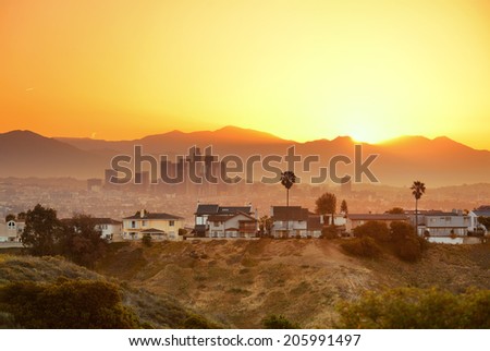 Los Angeles sunrise with mountain and buildings