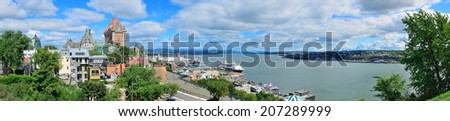 Quebec City cityscape panorama with cloud, blue sky and historical buildings.