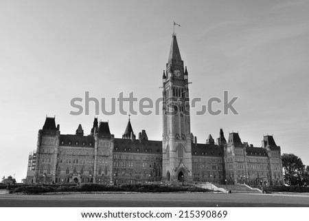 Parliament Hill building in black and white in Ottawa, Canada