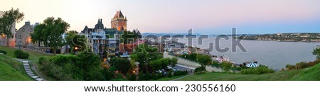 Quebec City skyline panorama with Chateau Frontenac at sunset viewed from hill