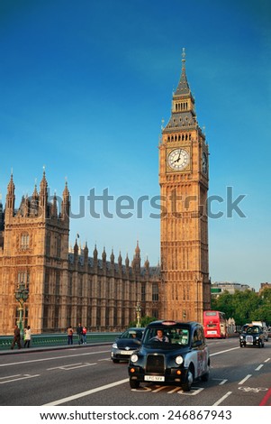 LONDON, UK - SEP 27: Street view with Big Ben and taxi on September 27, 2013 in London, UK. London is the world\'s most visited city and the capital of UK.