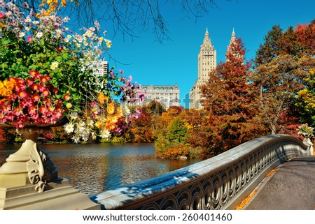 Central Park Autumn and buildings in midtown Manhattan New York City