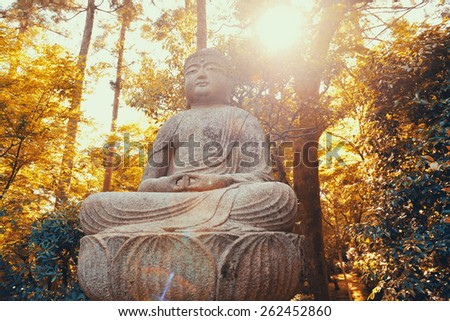 Buddha statue in shrine with historical building in Kyoto, Japan.