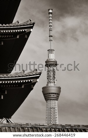 TOKYO, JAPAN - MAY 15: Skytree and historical architecture in temple on May 15, 2013 in Tokyo. Sensoji Temple, founded in 645 CE, making it the oldest temple in Tokyo.