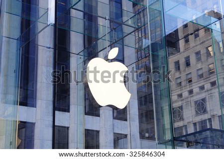 NEW YORK CITY, NY - DEC 30: Apple store logo on December 30, 2011 in New York City. It is the world\'s largest publicly traded company designs and sells consumer electronics and computer products.