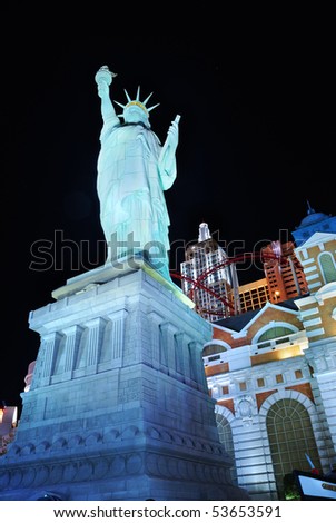 LAS VEGA, NEVADA - MARCH 4:  Statue of liberty from New York New York Hotel illuminated at night., March 4, 2010 in Las Vegas, Nevada.
