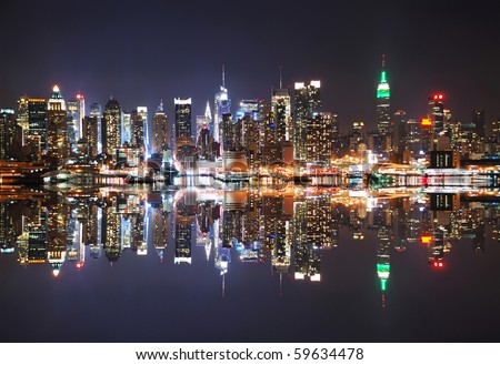New York City Skyline at night with reflection