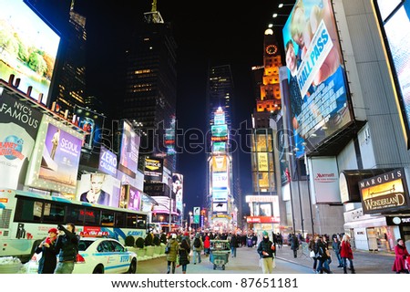 NEW YORK CITY, NY - JAN 30: Times Square at night on January 30, 2011 in Manhattan, New York City. Times Square is featured with Broadway Theaters and LED signs as a symbol of New York City.