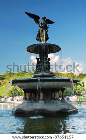 Angel of the Waters statue as the distinct landmark and symbol of Manhattan Central Park, New York City.
