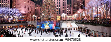 NEW YORK CITY, NY -DEC 30: Rockefeller Center skating rink at night on December 30, 2011, New York City. It was built by the Rockefeller family in 1939 and declared National Historic Landmark in 1987.