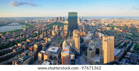 Urban city aerial panorama view. Boston aerial view with skyscrapers at sunset with city downtown skyline.