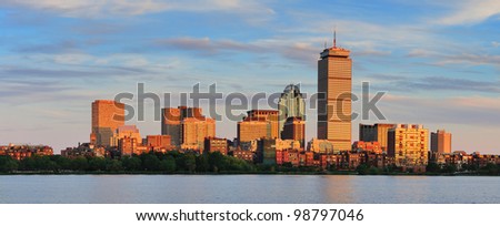 Boston city skyline panorama with Prudential Tower and urban skyscrapers over Charles River.