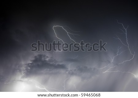 Spectacular display of lightning striking through a rain storm during a Florida summer night