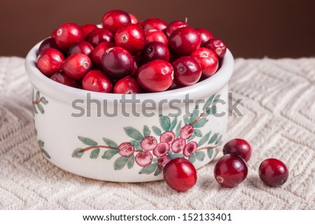 Cranberries in a decorative pottery dish.