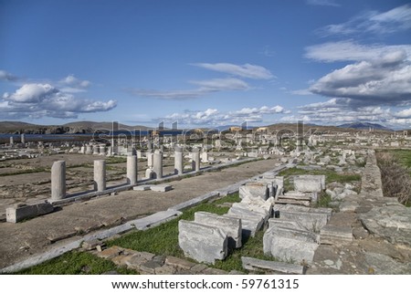 The expanse of ruins on Delos. The Greek island of Delos, part of the Cyclades islands, near the island of Mykanos, is one of the most important historical and archaeological sites in Greece.
