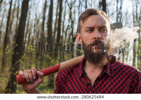 lumber jack hipster men man forest axe pipe