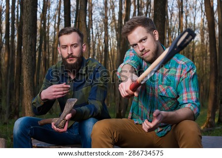 two men beard man hipsters friends rest forest lumber jacks