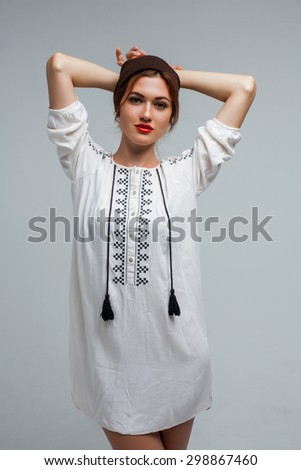 Ukrainian girl hipster wear ethnic dress at studio