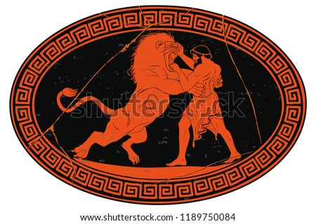 Hercules defeats the Nemean lion. 12 exploits of Hercules. Oval medallion isolated on a white background.