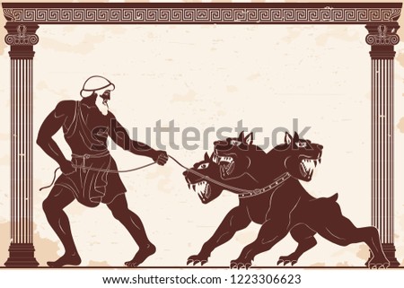 Hercules abducts Cerberus from Hell. Figure on a beige background with the aging effect.