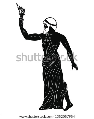 Ancient Greek hero Prometheus in a tunic with a fiery torch in his hand.