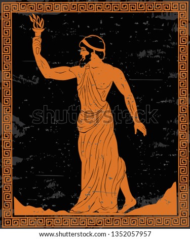 Ancient Greek hero Prometheus in a tunic with a fiery torch in his hand.