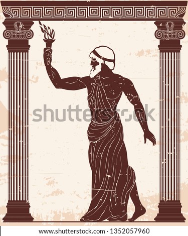 Ancient Greek hero Prometheus in a tunic with a fiery torch in his hand.