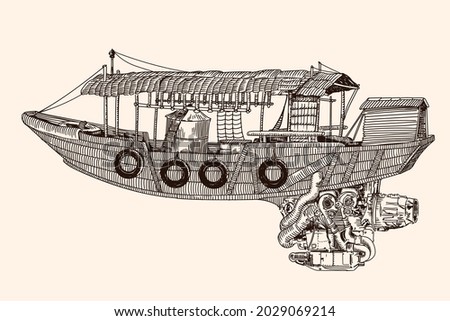 Fantastic Chinese style flying wooden boat with jet engine. Linear sketch on a beige background.