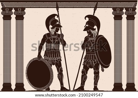 Two ancient Greek warriors with spears, shields and helmets stand in the temple between the columns.