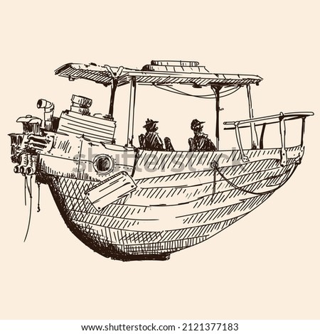 Fantastic flying old wooden ship with passengers on board. Vector sketch on a beige background.