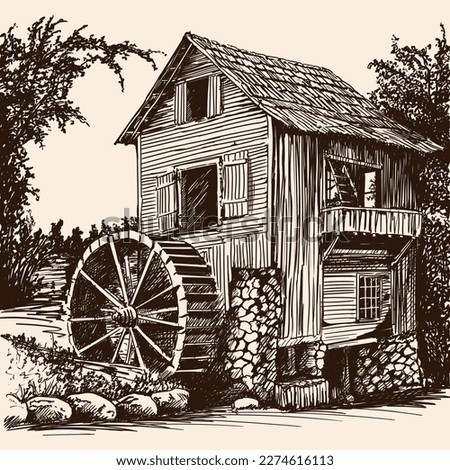 An old wooden water mill with a wheel and blades near a forest river. Rough freehand sketch on a beige background.
