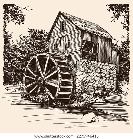 An old wooden water mill with a wheel and blades near a forest river. Rough freehand sketch on a beige background.