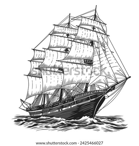 An old sailing ship on the sea waves. Vector drawing isolated on white background.