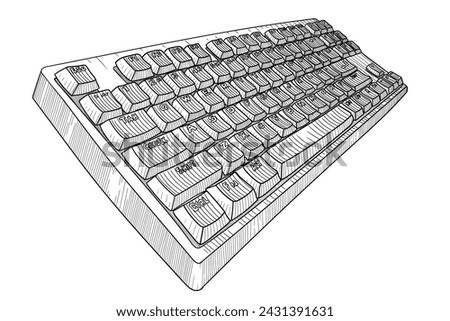 Computer keyboard with keys. Object isolated on beige background. Simple line sketch