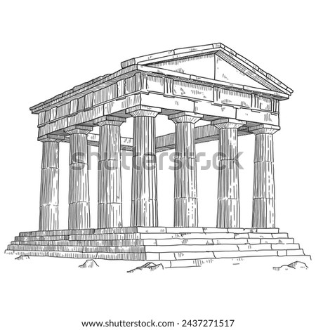 Ruins of an ancient Greek temple with columns. Linear sketch on a beige background.