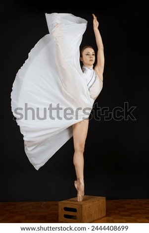 Similar – Image, Stock Photo Ballerina standing on tiptoe classical position outside