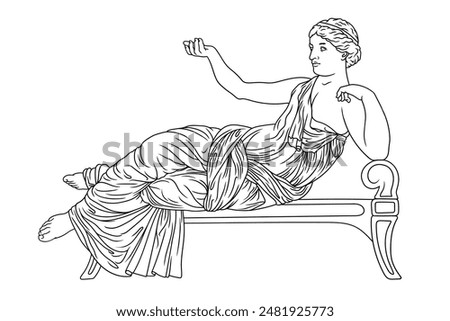 An ancient Greek woman in a tunic lies on the bed and rests. Figure isolated on white background