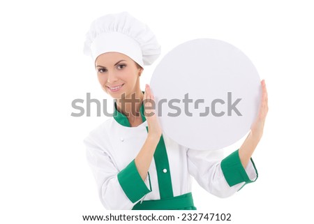 chef woman in uniform holding big  empty plate with copy space isolated on white background
