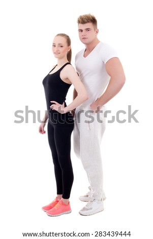 young man and woman in sportswear isolated on white background